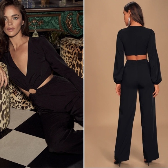 LULU's Wedding Formal Sexy Elegant Classy Long Sleeve Satin Pantsuit Jumpsuit - Picture 6 of 7
